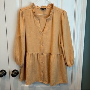 Mittoshop Women’s Camel Colored Ruffle Neck Button Up Babydoll Blouse Size MD